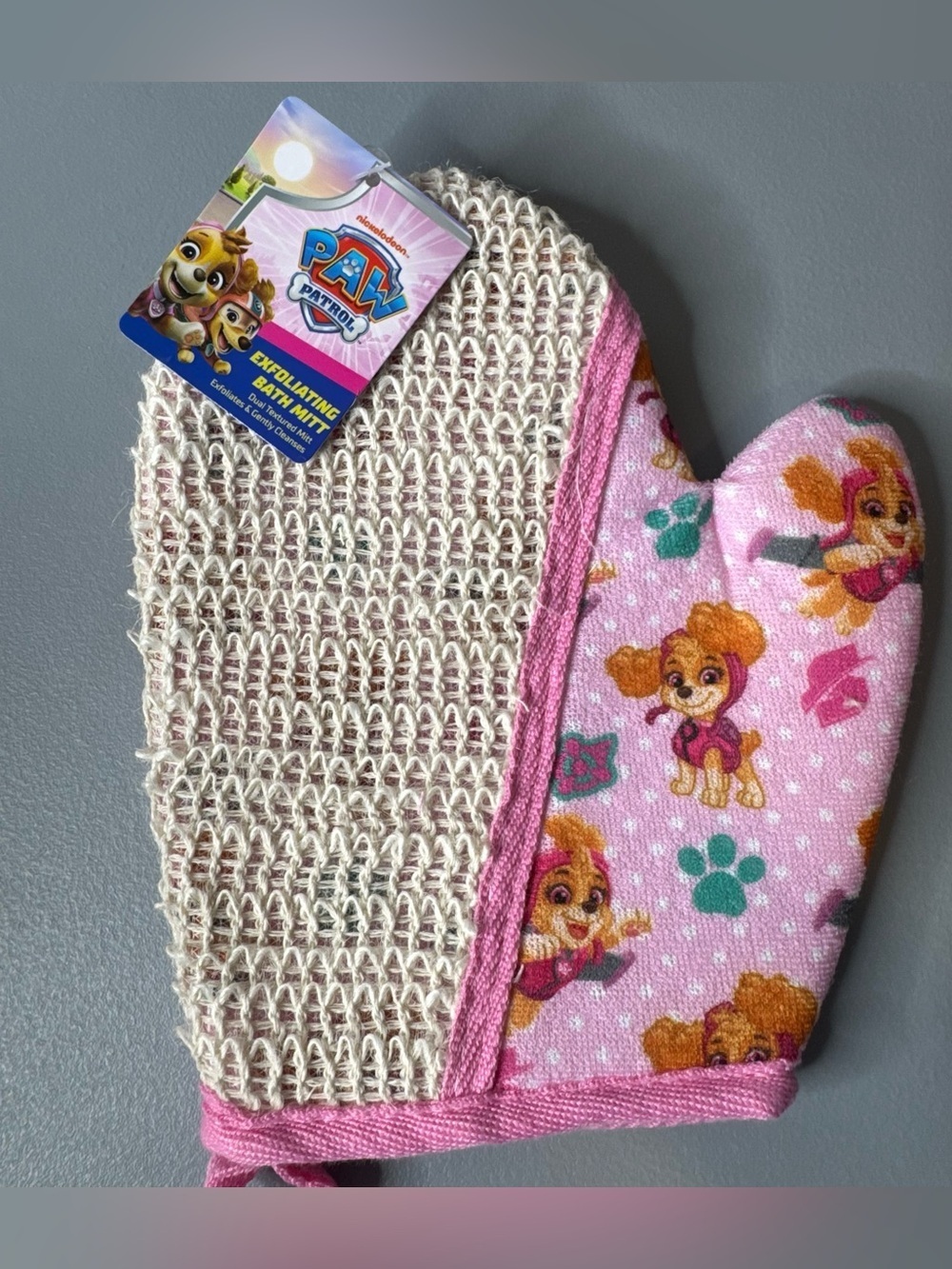 Paw Patrol Pink Skye Paw-Print Exfoliating Bath Mitt dual textured mitt